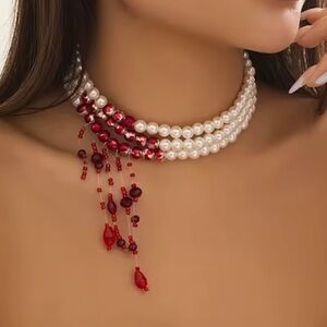 Pearl Scarlet Red Blood Crystal Choker – Queen’s Statement Necklace